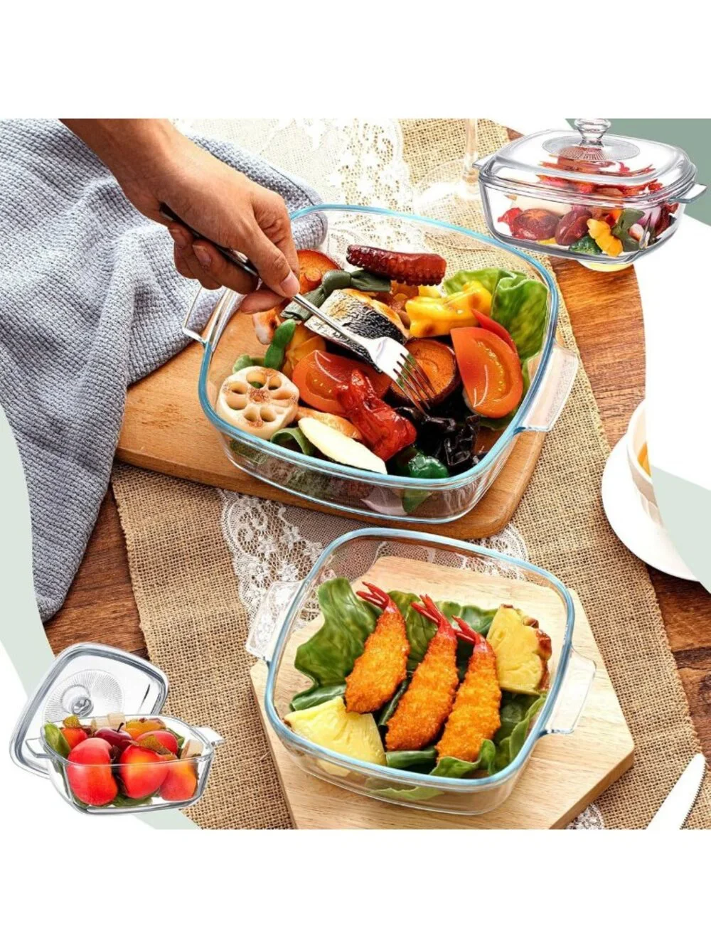 Set of 2 Glass Casserole Dishes with Lids - Square Bakeware, 0.8L & 1.5L